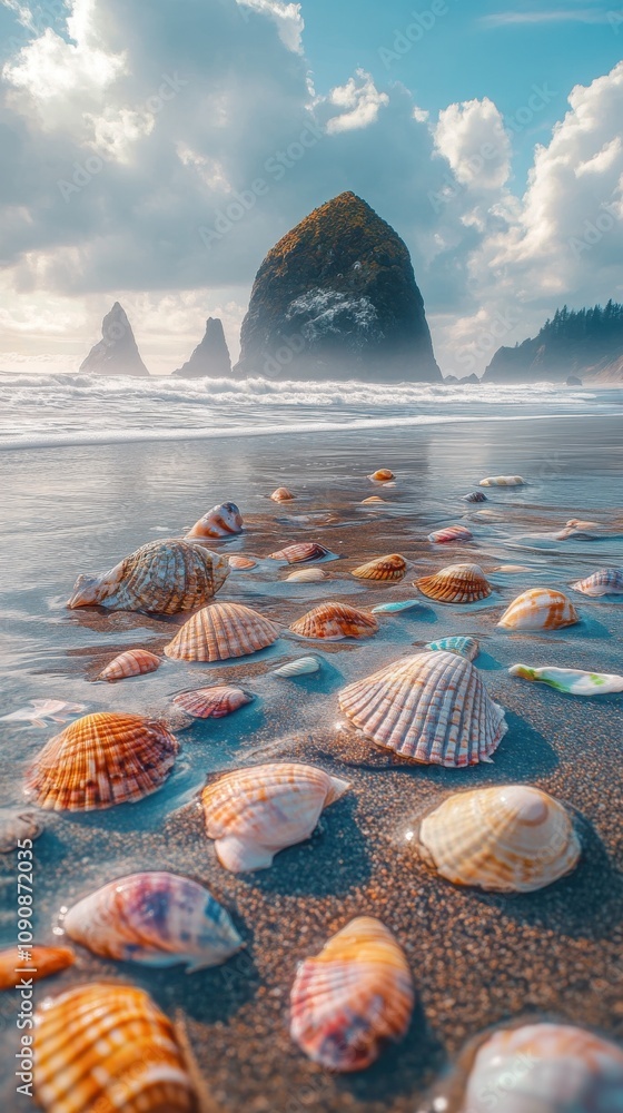 Poster enjoying the serene beauty of haystack rock at low tide with colorful seashells scattered on the san