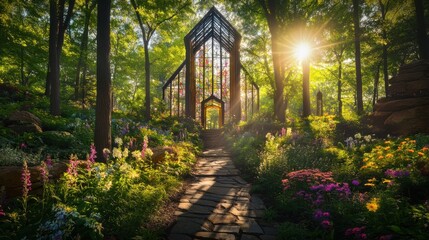A serene morning light illuminates Thorncrown Chapel in the Ozarks, surrounded by vibrant flowers and lush greenery