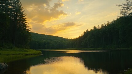 Fototapeta premium Breathtaking sunset over a tranquil lake in Allegheny National Forest with lush trees reflecting on still waters