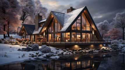 A modern Scandinavian chalet with a snow-covered roof and a minimalistic winter landscape.