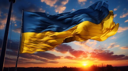 Fototapeta premium Vibrant Ukrainian flag waving against a stunning sunset backdrop. Generative AI