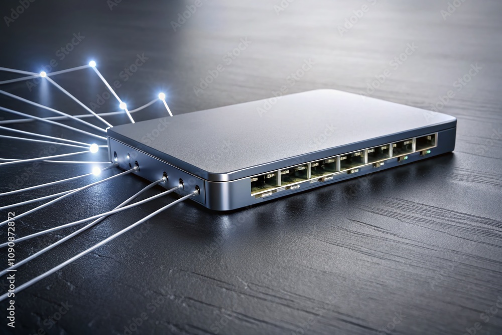 Poster minimalist network hub on a smooth dark gray surface, showcasing connectivity and modern technology,