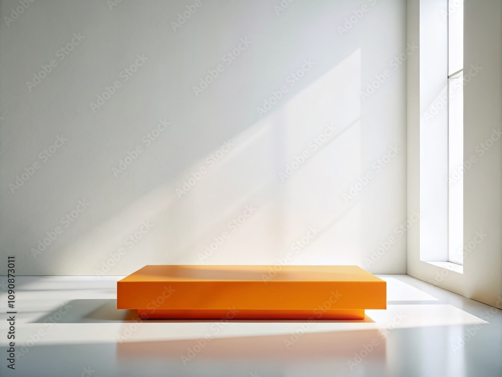 Poster minimalist orange platform in a bright white room for artistic display and creative composition with
