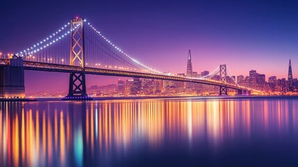 Obraz premium A stunning modern suspension bridge illuminated at dusk with a vibrant city skyline reflecting in the water