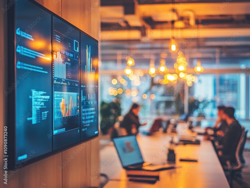 Poster a modern office workspace featuring digital displays and collaborative elements in an urban setting 