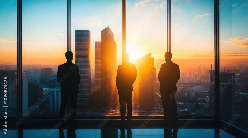 Aufkleber executives observing a sunset while discussing strategies in a high-rise office building overlooking