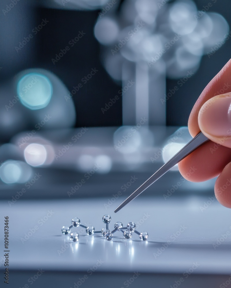 Fototapete a scientist's hand carefully manipulates a molecular model in a laboratory setting during an experim