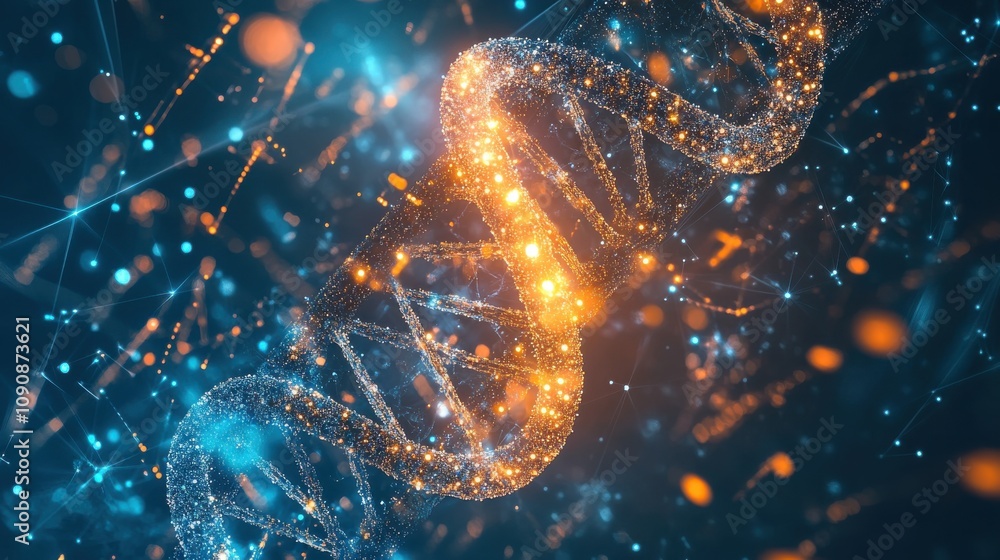 Poster a bright, futuristic view of colorful dna strands set against a dark cosmic backdrop with diverse mo
