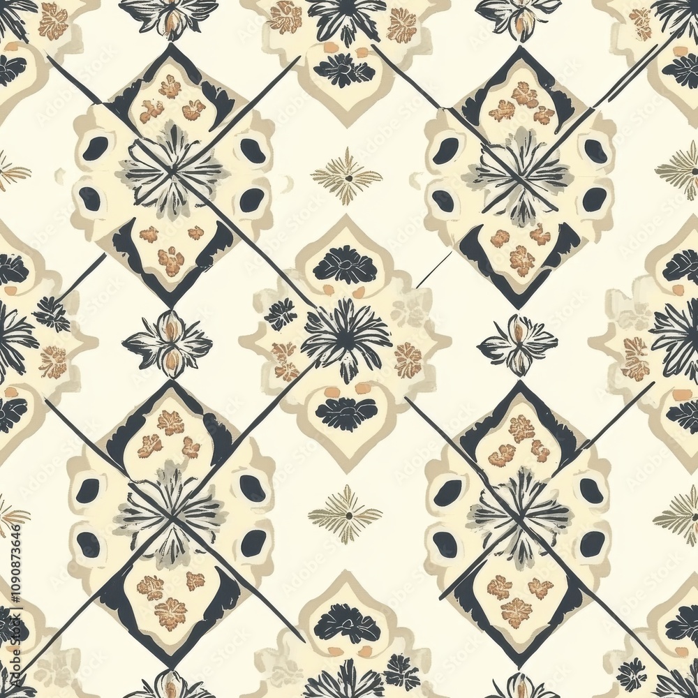 Aufkleber geometric pattern of diamond shapes with floral designs in muted colors creates an intricate textile