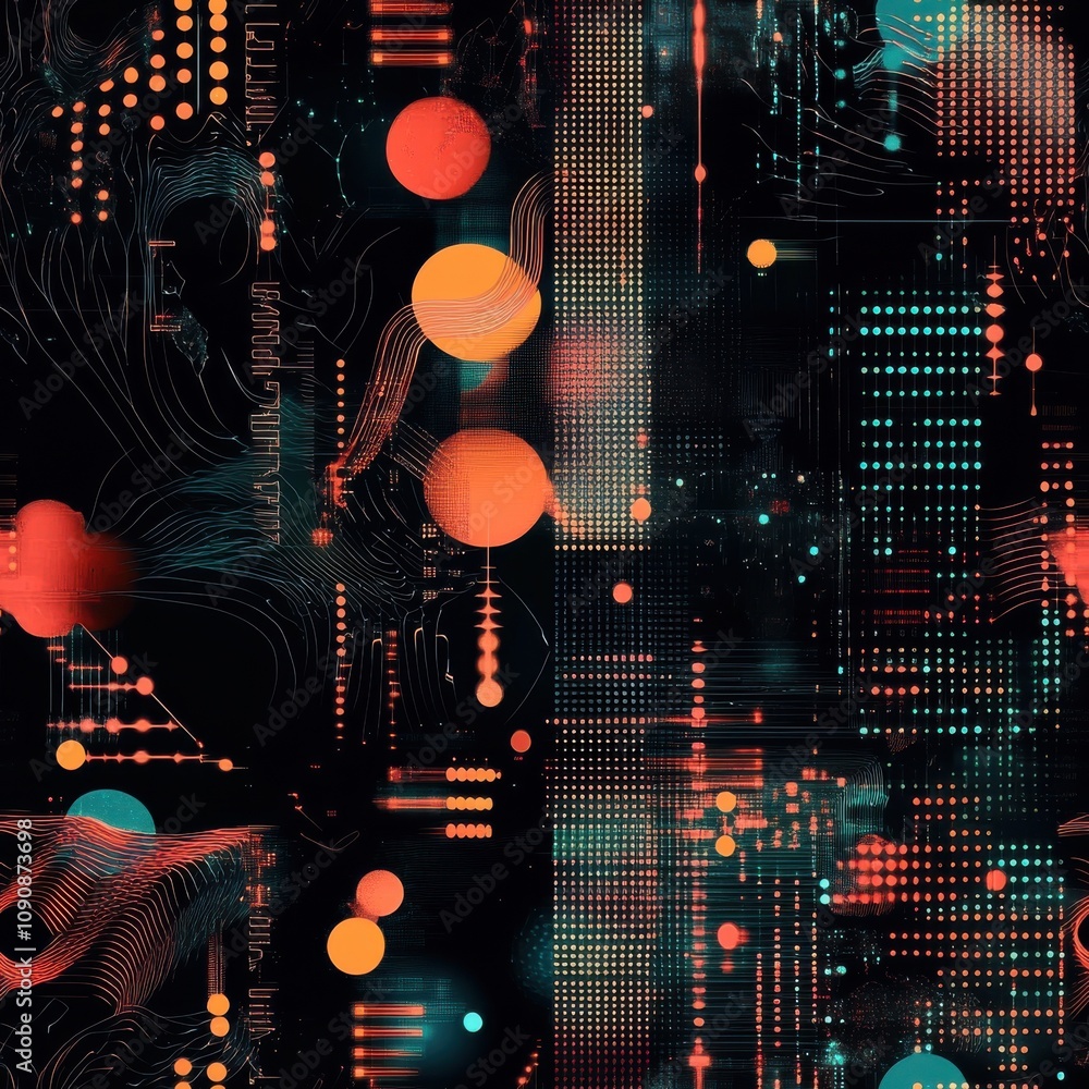 Poster futuristic digital sequences with vibrant patterns and glowing elements in a high-tech abstract desi