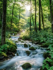 Fototapeta premium Serene Forest Stream: A Peaceful Escape - Tranquil forest scene, gentle stream, sunlight, lush greenery, peaceful nature.