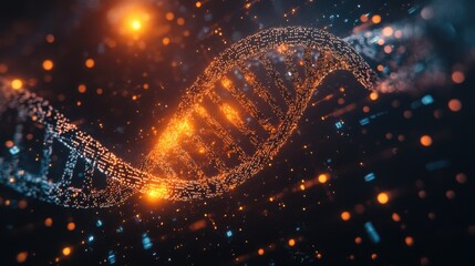 A bright and vibrant futuristic DNA strand illuminated by glowing particles in a dark digital environment