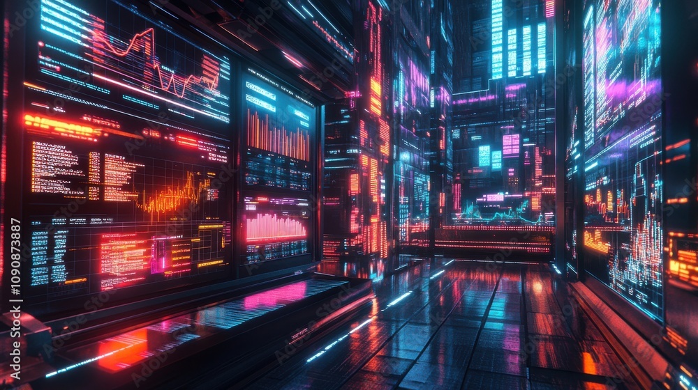 Leinwandbilder Futuristic digital landscape displaying glowing data visuals and vibrant graphs in a high-tech environment at night