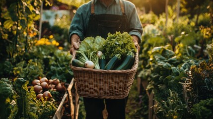 A farmer gathers freshly picked vegetables in a basket during a warm afternoon in a lush garden