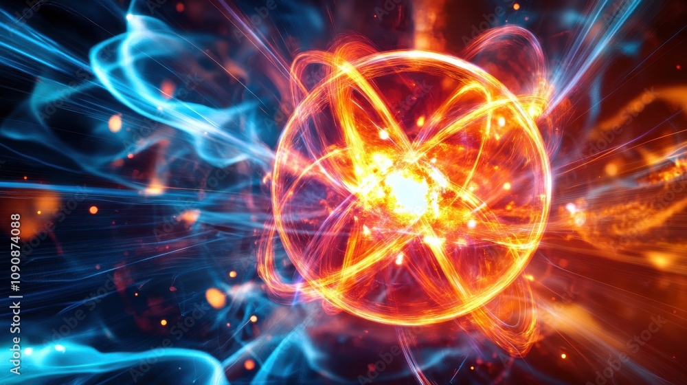Poster a dramatic cinematic view of an electron moving through a vivid energy field in a subatomic environm