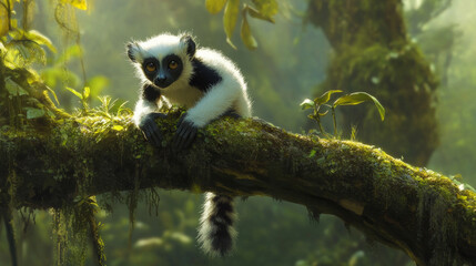 Fototapeta premium A young black and white lemur perches on a mossy branch., AI Generative