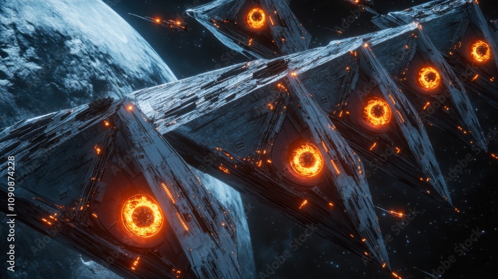 Poster dramatic aerial view of a futuristic fleet traveling through space near a distant planet during twil