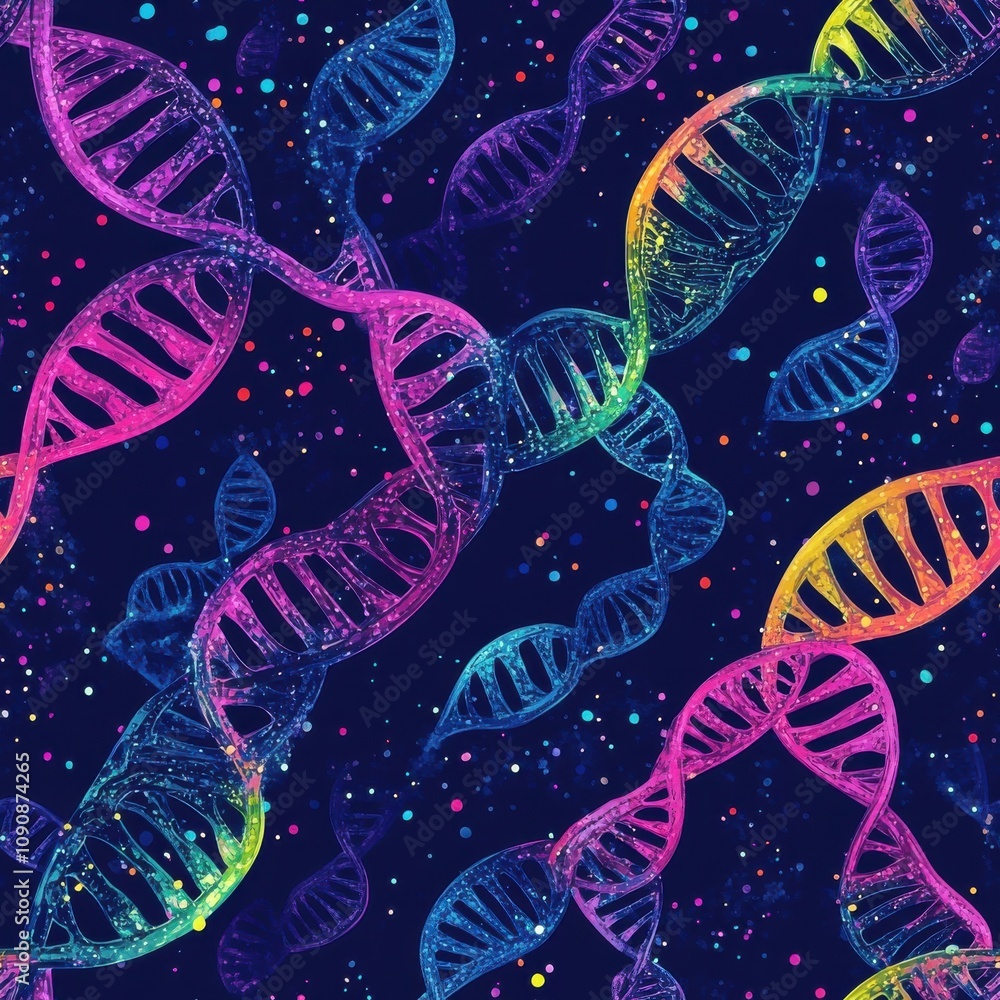 Poster vibrant double-helix dna strands against a dark background showcasing genetic patterns and molecular