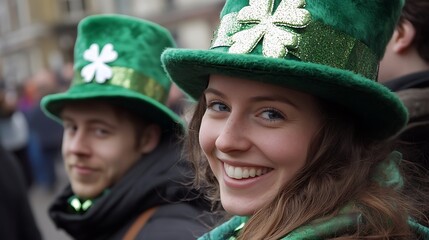 Two people wearing green hats and smiling