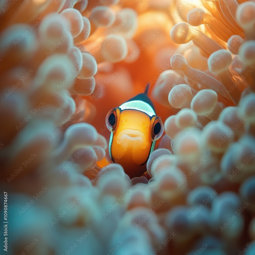 Poster a clownfish playfully exploring its vibrant sea anemone home in a colorful underwater environment