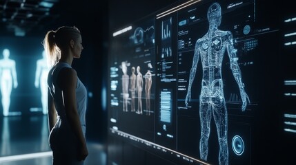 A 3D holographic display showing personalized health metrics and fitness suggestions, provided by an AI system, set against a dark backdrop.