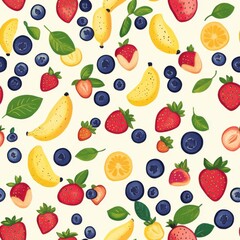 A vibrant and colorful pattern featuring an assortment of fresh fruits including strawberries, bananas, and blueberries on a light background