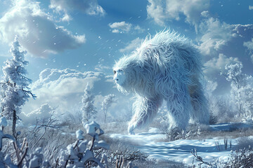 Huge fantasy yeti character in beautiful outdoor nature background