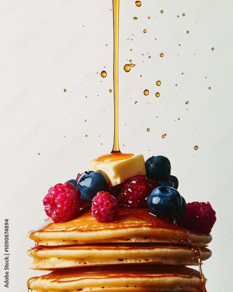 Poster a towering stack of warm pancakes drizzled with syrup and topped with fresh berries and butter