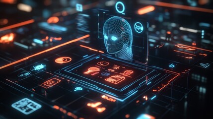 Obraz premium A 3D illustration of an AI profile adapting based on user preferences, surrounded by holographic icons representing different interests like cooking, learning, and traveling.