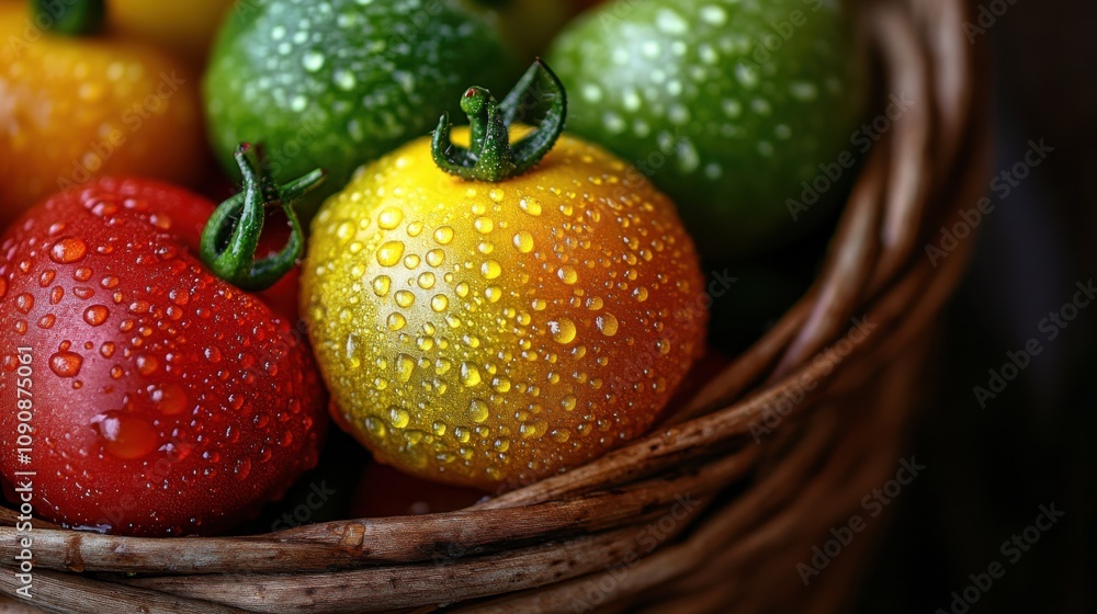 Poster close-up of vibrant heirloom tomatoes in a rustic basket glistening with moisture in a warm kitchen 