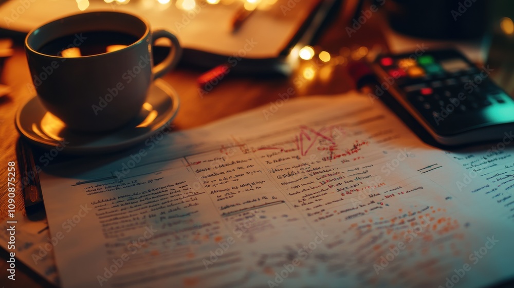 Aufkleber a close-up view of a research paper with detailed notes, coffee cup, and calculator at a study desk 