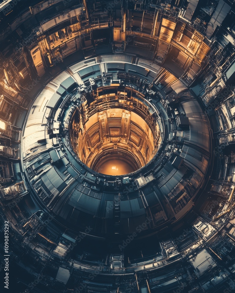 Poster close-up view of a nuclear reactor core showcasing intricate designs and structures during operation