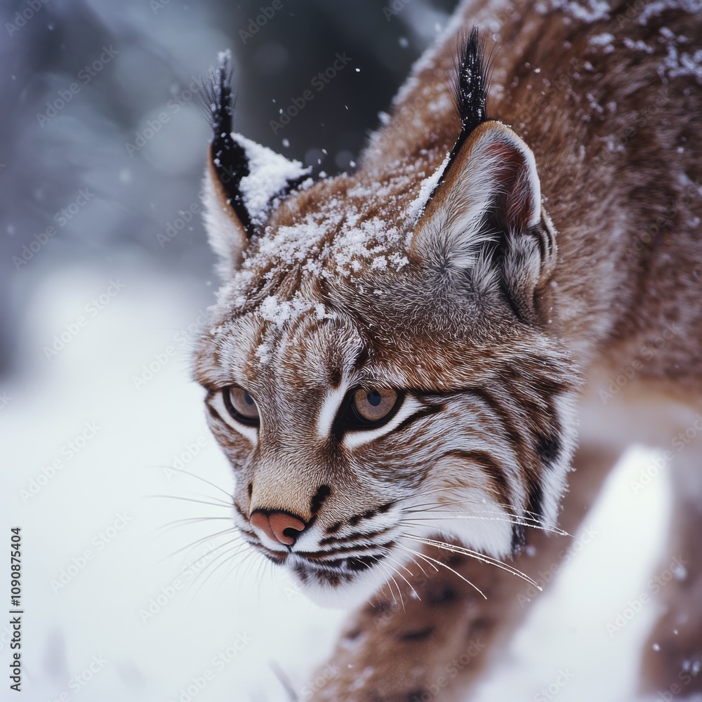 Poster a lynx prowls silently through the snowy wilderness, showcasing its sharp features and keen hunting 