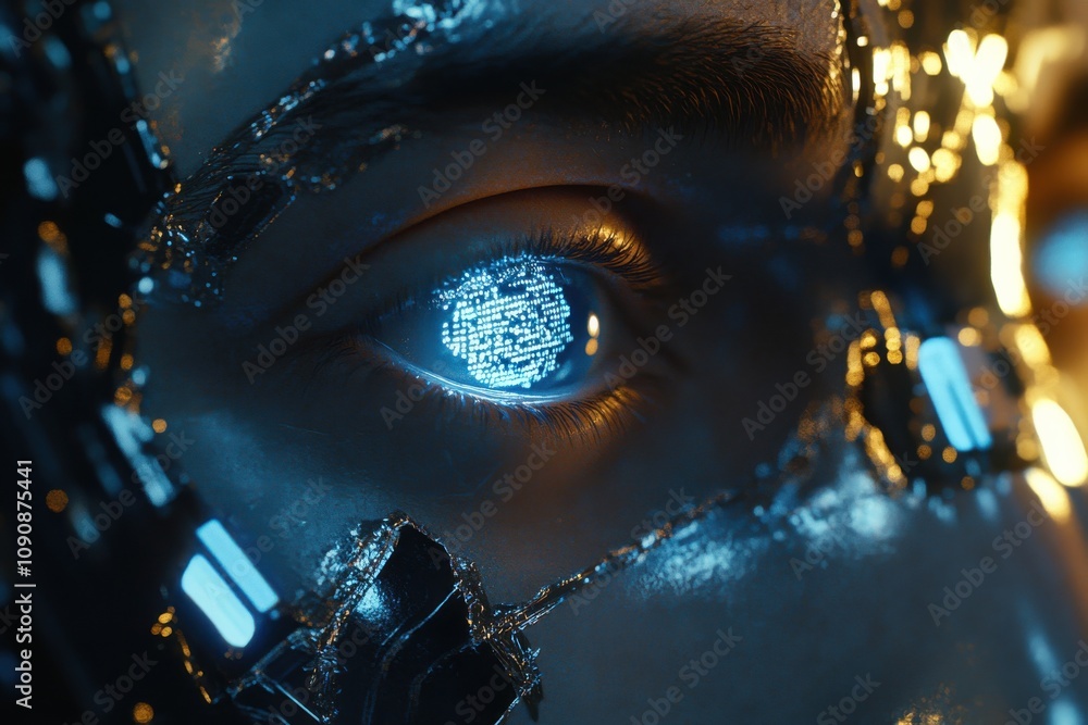 Poster close-up view of a humanoid ai robot showcasing glowing eyes and intricate details in a futuristic e