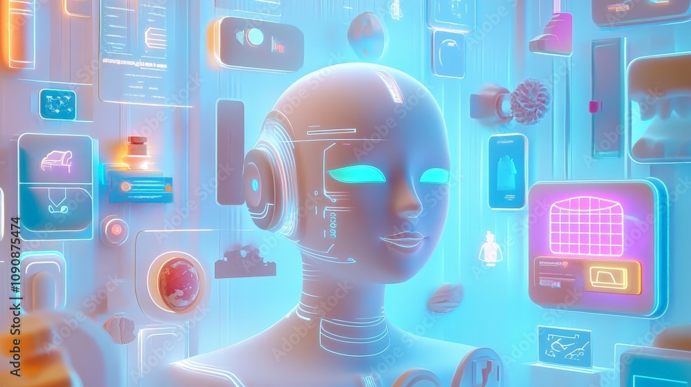 Poster a 3d illustration of an ai profile adapting based on user preferences, surrounded by holographic ico