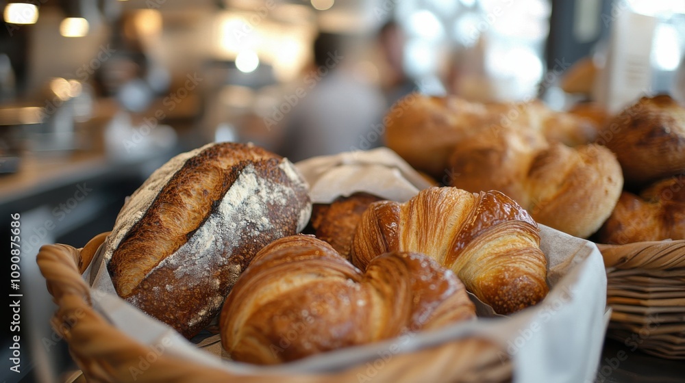 Poster a close-up of a rustic bread basket filled with crusty loaves and flaky pastries in a cozy bakery se