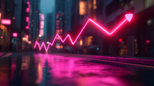 3D Illustration - Neon Pink Growth Arrow in Cityscape