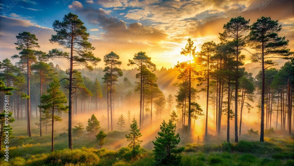 Poster misty morning in a tranquil pine forest capturing the soft glow of dawn through the fog in a serene 