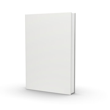 A blank standing book with a white cover, angled slightly and casting shadows on an isolated white background, concept of mockup for book covers. 3D Rendering