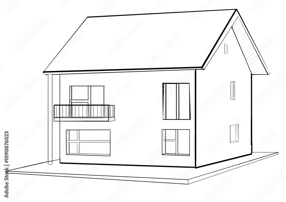 Aufkleber simple house sketch showing a basic structure with a sloped roof and balcony, isolated on a white ba
