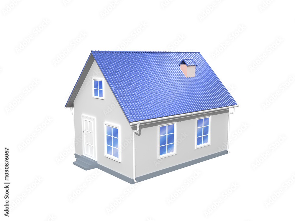 Poster a 3d rendering of a small house with a blue roof and white walls. the house is isolated on a white b