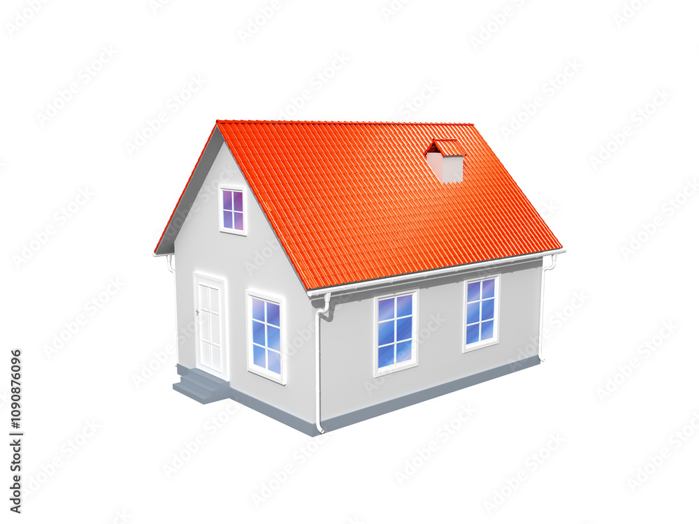 Poster 3d rendering of a small house with red roof and white walls, featuring windows and a front door. the