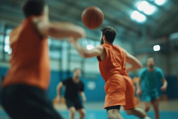 Fototapeta premium Intense basketball game action indoors.