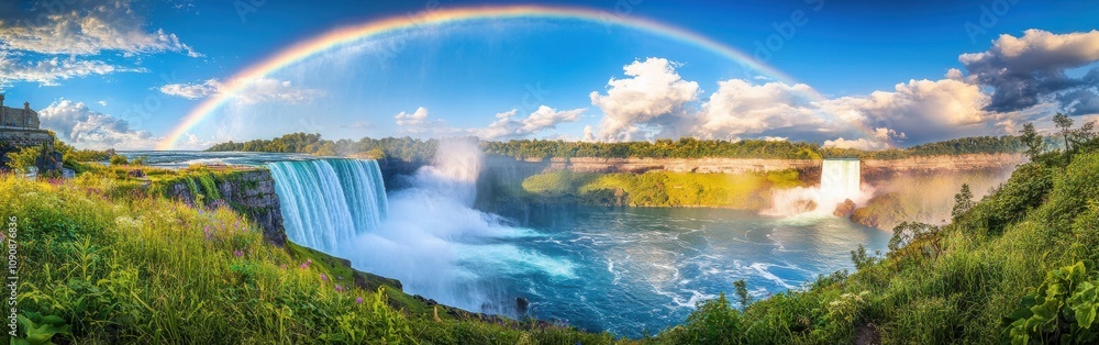 Poster a stunning view of niagara falls with a vibrant rainbow arching over the cascading waters during a s