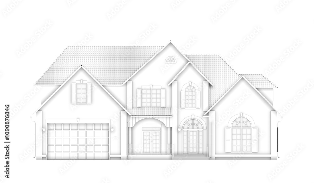 Poster front elevation of a house architectural drawing with fine white lines. isolated on a clean white ba