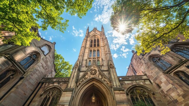 A stunning view of the Yale University campus showcasing its historic architecture and vibrant greenery under a bright blue sky
