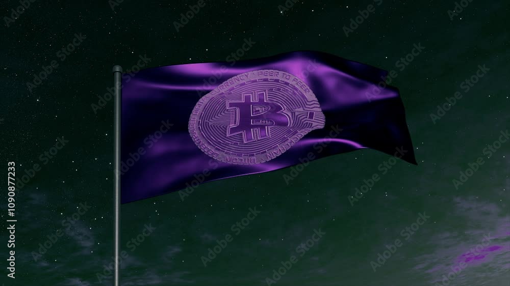 Poster purple flag featuring the bitcoin symbol waves in the wind against a backdrop of a starry night sky,