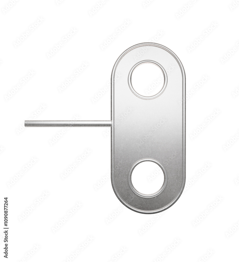 Poster Metallic wind-up key with cylindrical rod and rounded shape, featuring two circular holes. Isolated on a clean white background. Concept of mechanical tools. 3D Rendering