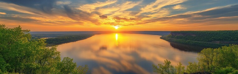 Obraz premium Stunning sunset over the Mississippi River with vibrant reflections and lush greenery surrounding the tranquil waters