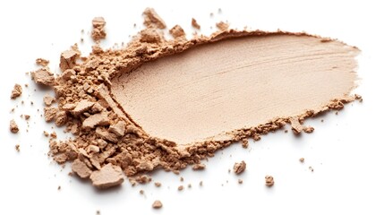 A swatch and pile of light beige or tan face powder on a white background.